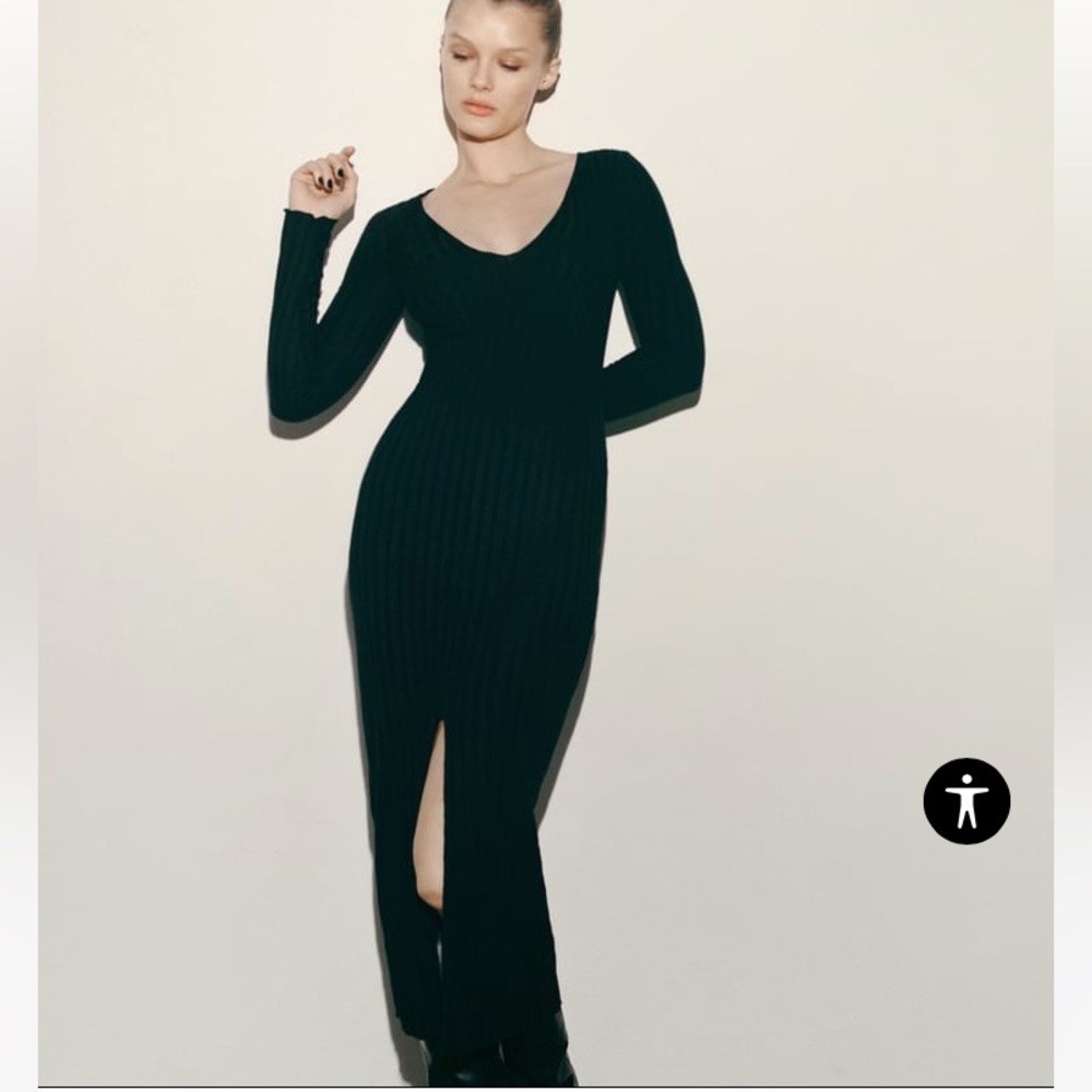 Zara Black Long Sleeve Ribbed Maxi Dress with Front Slit